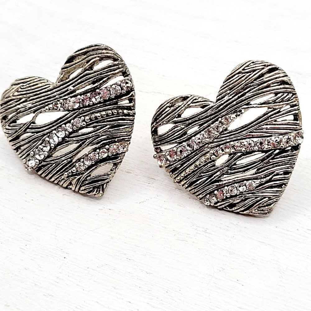 Antique Silver Tone Heart Shaped Rhinestone Post Earrings Textured  1" Versatile